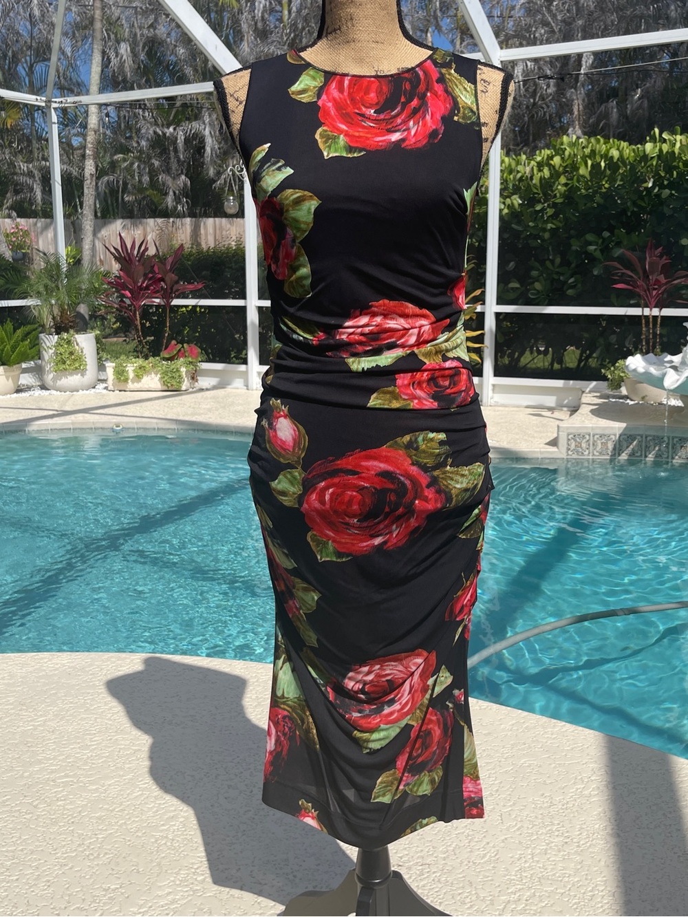 Dolce & Gabbana Black Floral Print Fabric - Red & Green Accents - Italian 40